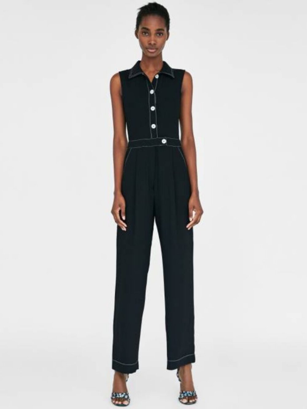 Zara Basic Black Sleeveless Wide Leg Jumper with white stitching Size Small